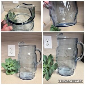 Vintage Blue Glass Pitcher with Etched Crisscross Design and Ice Lip Spout
